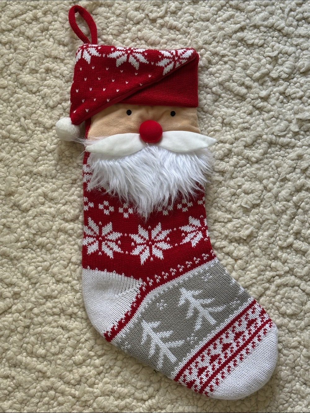 Red Santa Nome  Knit Holiday Stocking with White Beard
